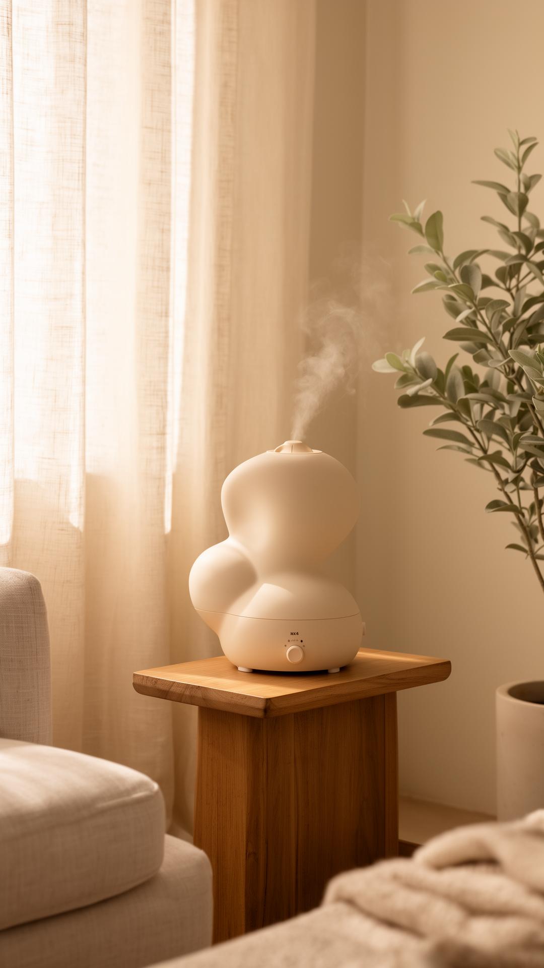 Sculptural ceramic humidifier in a warm-lit minimalist living room